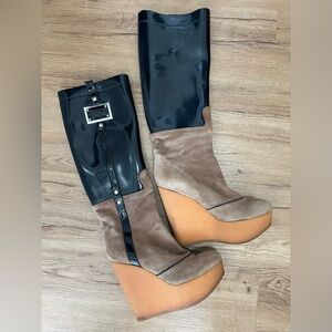 Dolce & Gabbana Platform Wedge Boots Suede Patent Leather Brown Black Size 39